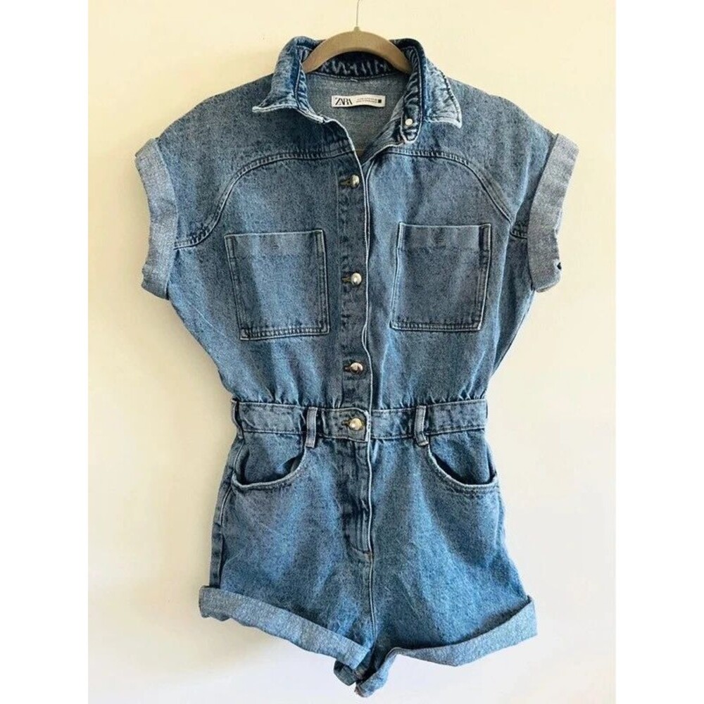 ZARA Solid Blue Short Sleeve Denim Romper - S